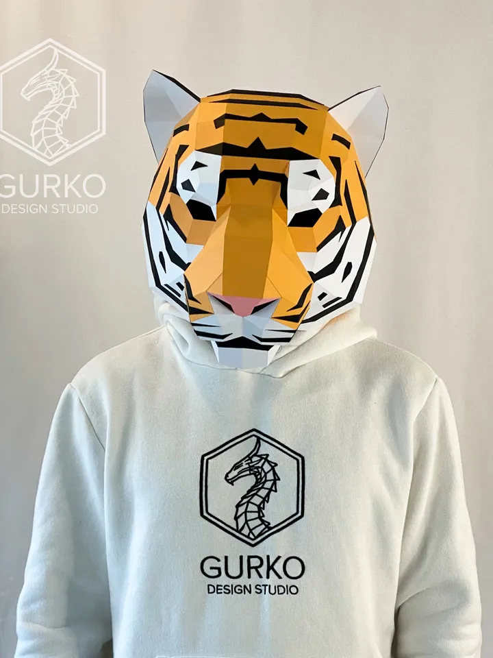Tiger Mask Papercraft, Cat, Digital Template, PDF Download, Gurko, 3D Low Poly Animal Mask, DIY Origami, Pepakura, Paper Mask, DIY Costume