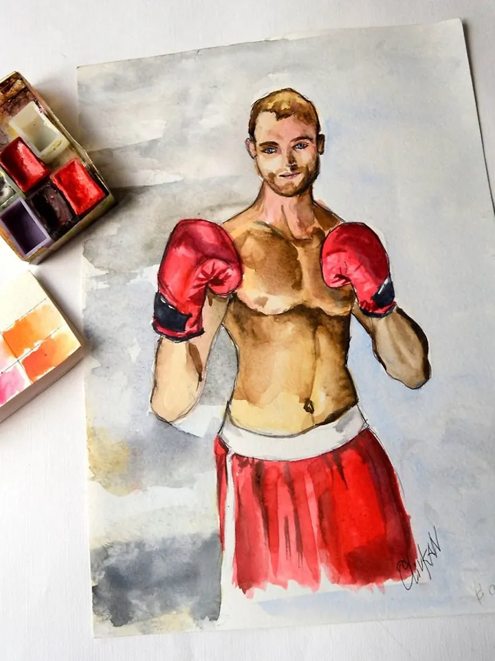 Box Painting Boxing Gloves Artwork Sport Original Watercolor Red Boxing Gloves