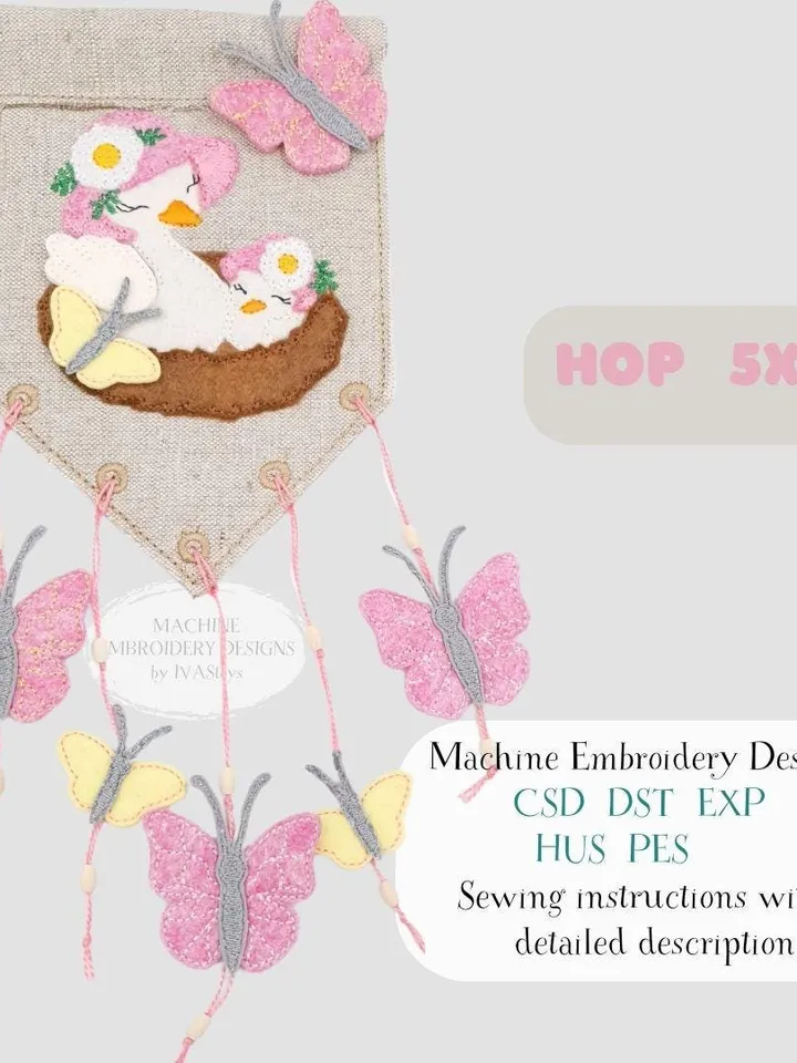 ITH Spring Garland Flowers Butterflies Embroidery Design Set, Festive Felt Banner Pattern, 5x7 Hoop File