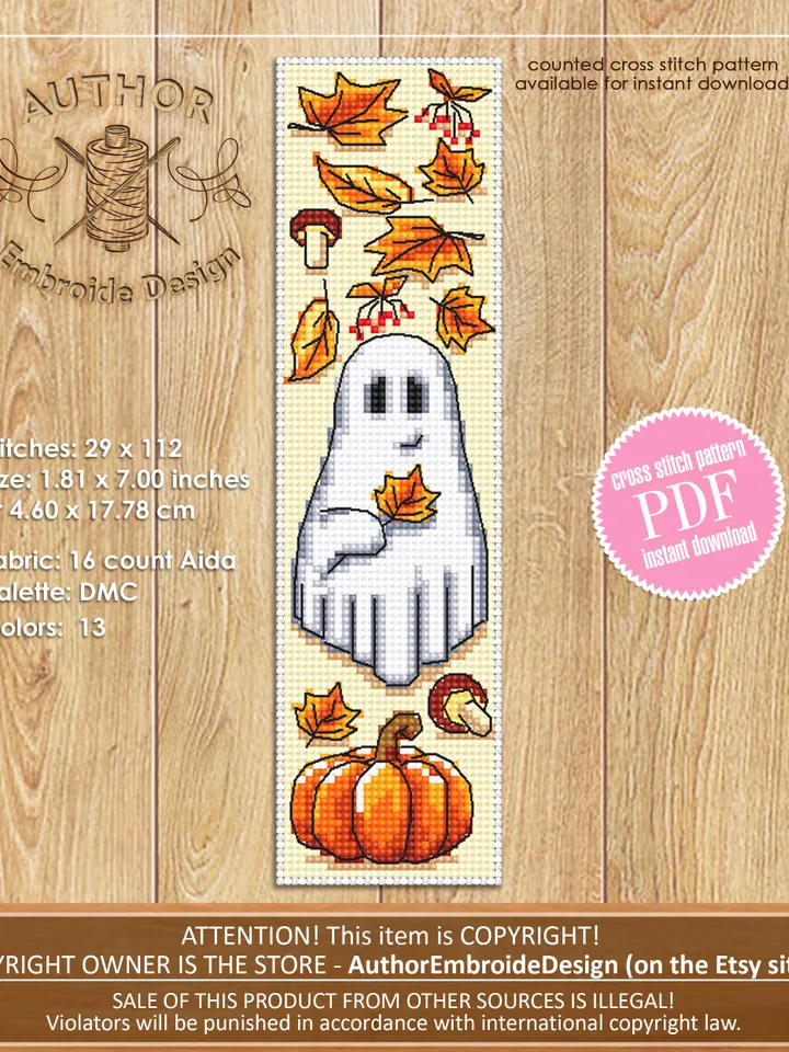 Ghost Bookmark set cross stitch pattern PDF download Cute ghost cross stitch chart Halloween bookmark pattern digital PDF Floral ghost #B376