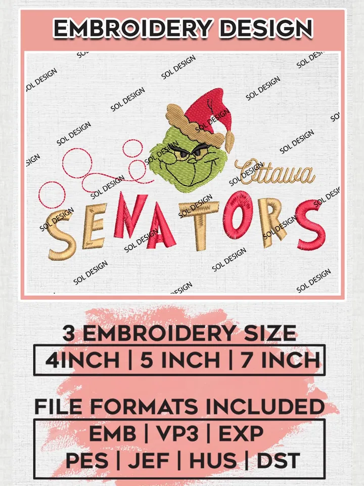 Grinch Ottawa Senators Embroidery Designs, Grinch Christmas Embroidery Files, NHL Senators Machine Embroidery Designs, NHL Ottawa Senators Logo, NHL Christmas Machine Embroidery Design, Digital Download