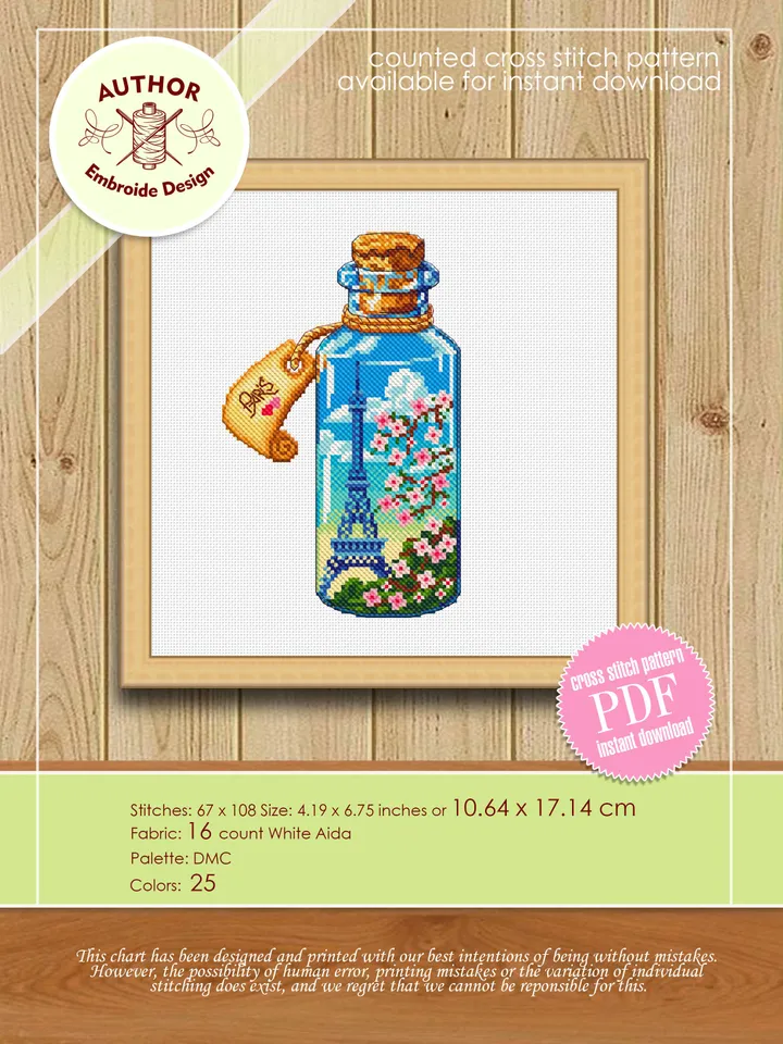 Bottle cross stitch pattern PDF download Eiffel Tower beginner stitch Sakura flowers cross stitch Spring France embroidery Paris decor #E10