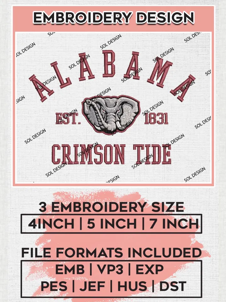 NCAA Alabama Crimson Tide Est Football Team Round Logo Embroidery Designs, NCAA Alabama Crimson Tide Machine Embroidery Files, NCAA Logo embroidery designs, NCAA Alabama Crimson Logo, Digital Download