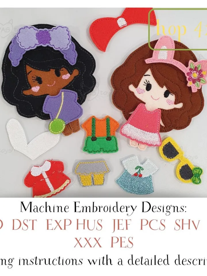 ITH Felt Dress Up Dolls Pattern Set (2 Dolls + Clothes), Quiet Book Dolls Embroidery Design, 4x4 Hoop Digital Download
