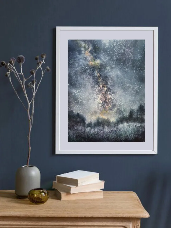 Stars wall art Space painting Night sky wall art Original watercolor painting