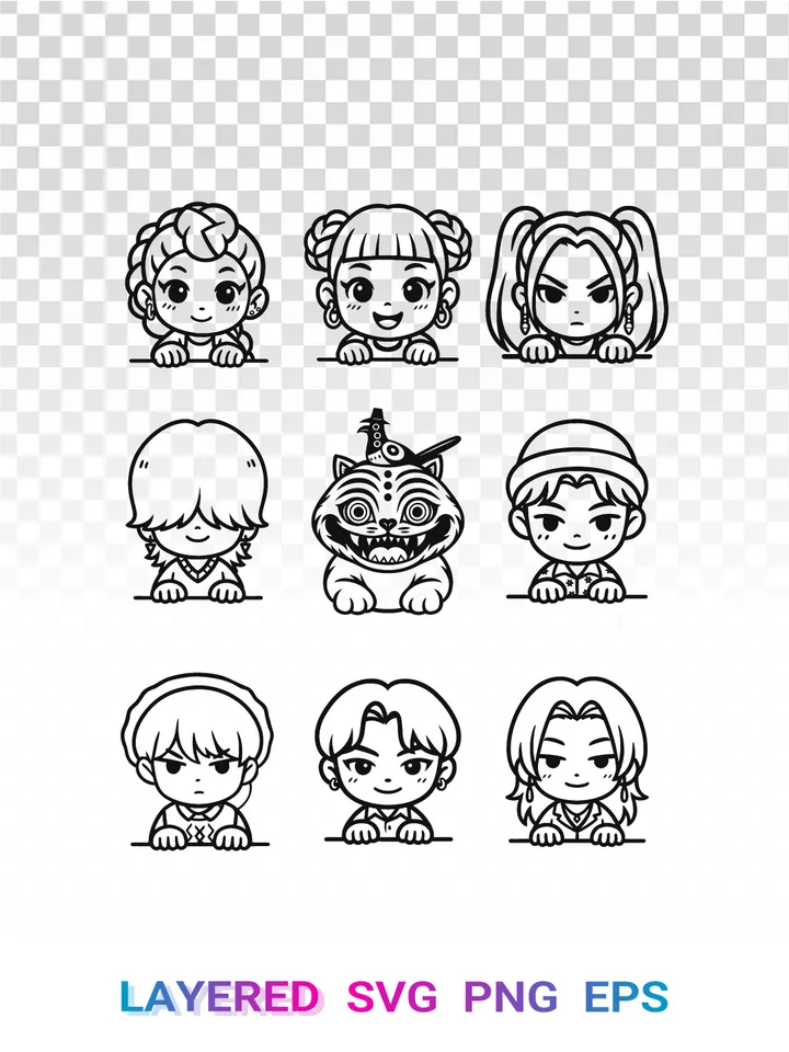 Demon Hunters Kawaii SVG, Anime Peeker Chibi PNG Cricut