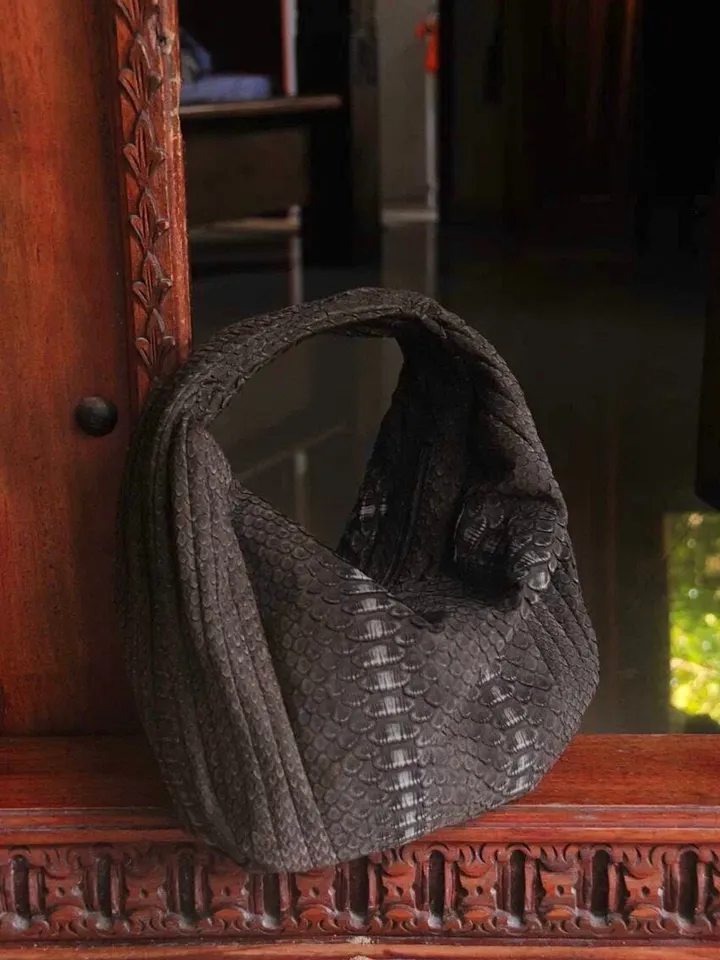 Medium Soft Hobo Classy Sport Woman Stitched Bag | Purse Genuine Python Skin | Dewi Brown Big Elegant Leather Designer Soft Bag Snake |