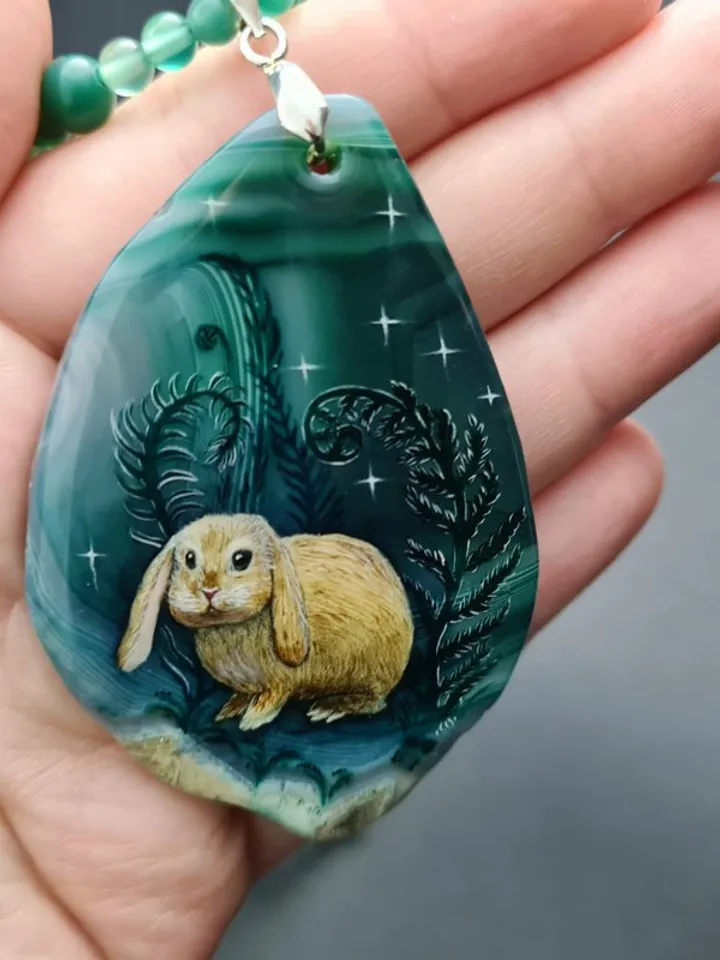 Necklace with rabbit or hare in ferns Oil painting on Agate stone