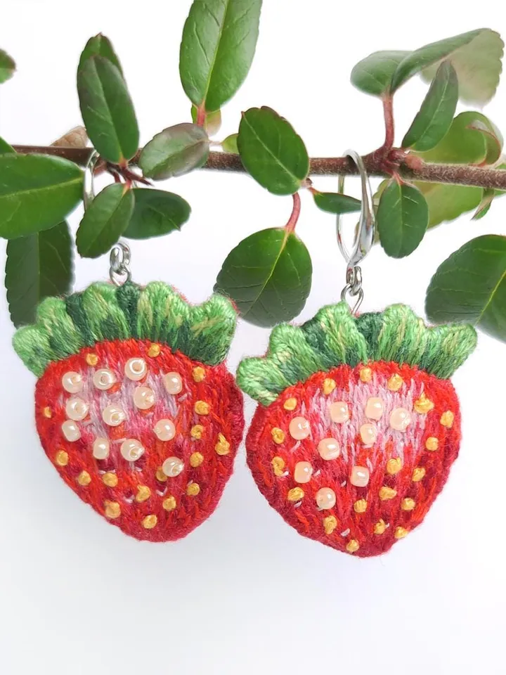 Strawberry Earrings Embroidery Handmade Boho Stylish Sweet Birthday Gift Stylish Whimsical Accessory Quirky Handcrafted Boho Design Jewelry