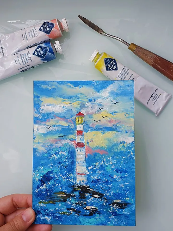 Lighthouse Painting Seascape Original Art Beach Wall Art Small Oil Painting