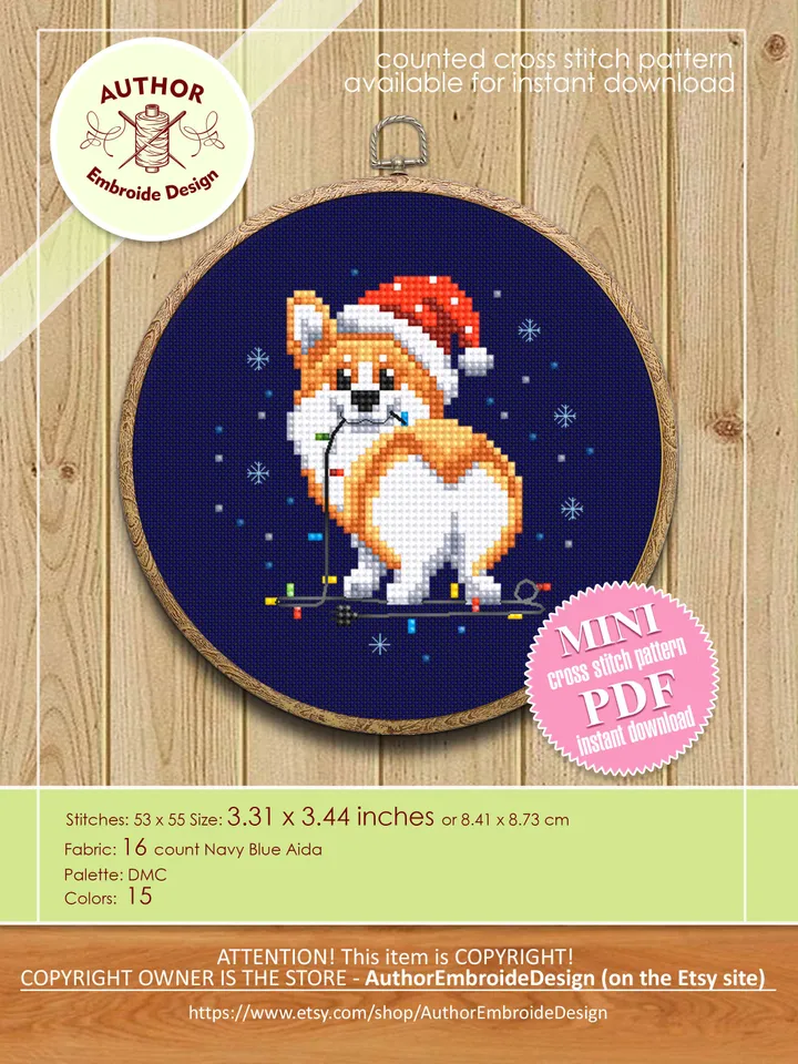 Corgi Christmas cross stitch pattern PDF download Set Christmas dog cross stitch chart, Small christmas ornament digital pattern #N105