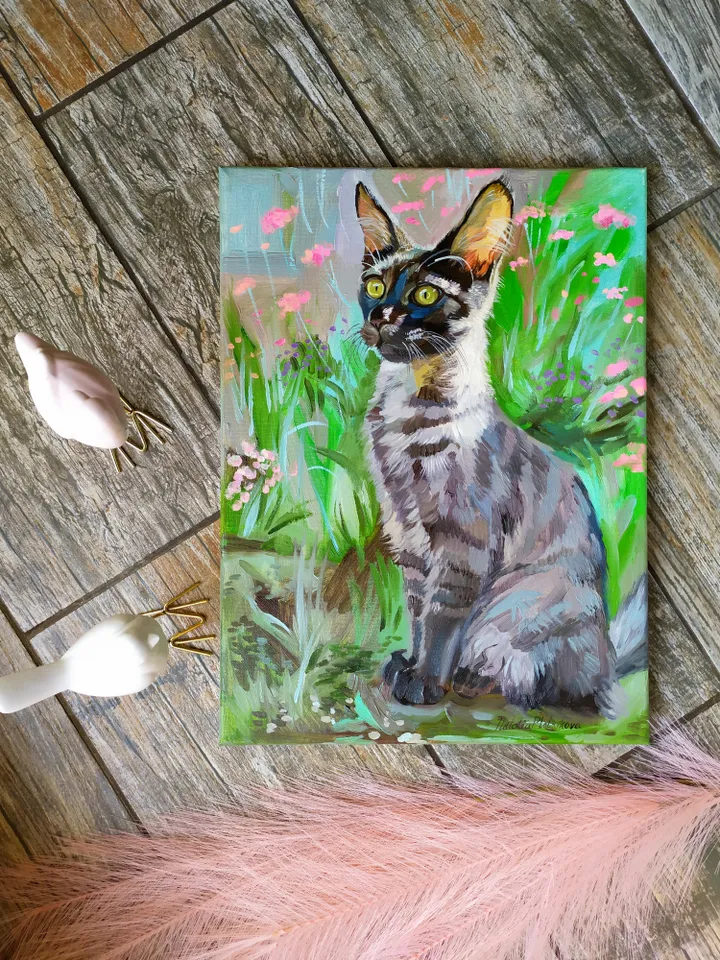 Maine Coon painting oil Animal Original Art Black Cat Artwork fine art Grey Pet canvas art by Natalia Plotnikova