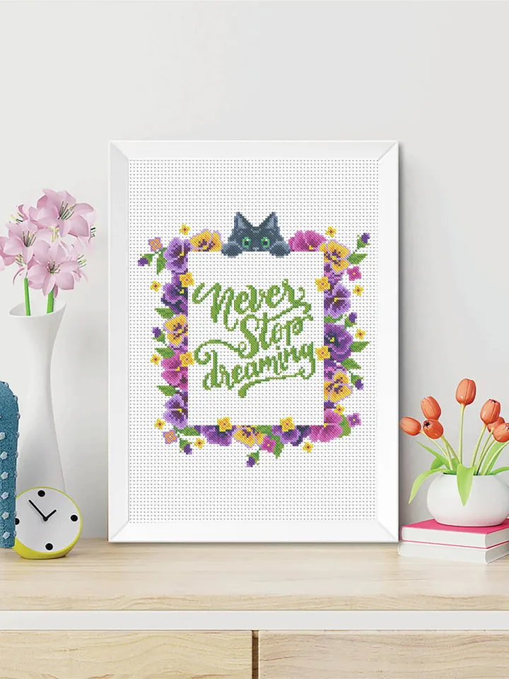 Floral frame cross stitch pattern PDF download Never stop dreaming quotes cross stitch chart, Flower border pattern digital PDF Pansy #Q18