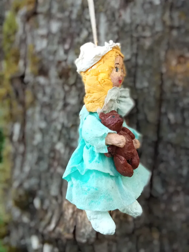 Handmade cotton toy Girl in blue dress with a teddy bear. A unique gift. Family Christmas souvenir. Original Christmas tree decoration. Made in 1 copy. Free shipping