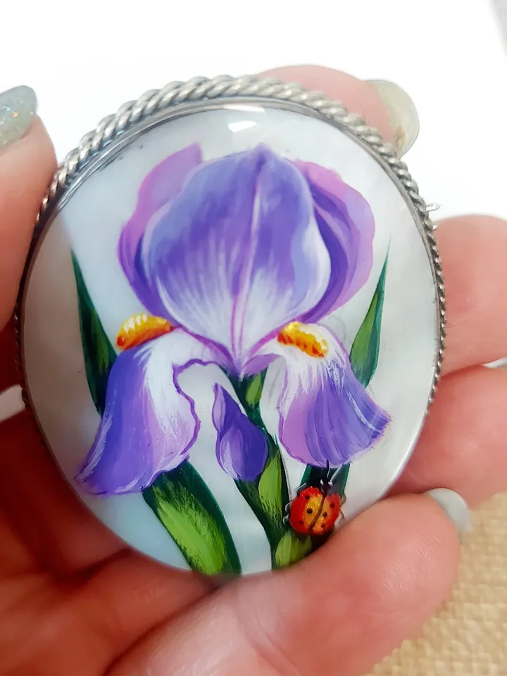 Nice "Iris" Hand Painted Russian Fedoskino Mother-Of-Pearl Brooch/Pin/Miniature hand-painted/Russian fine art jewelry/ Russia gift for woman
