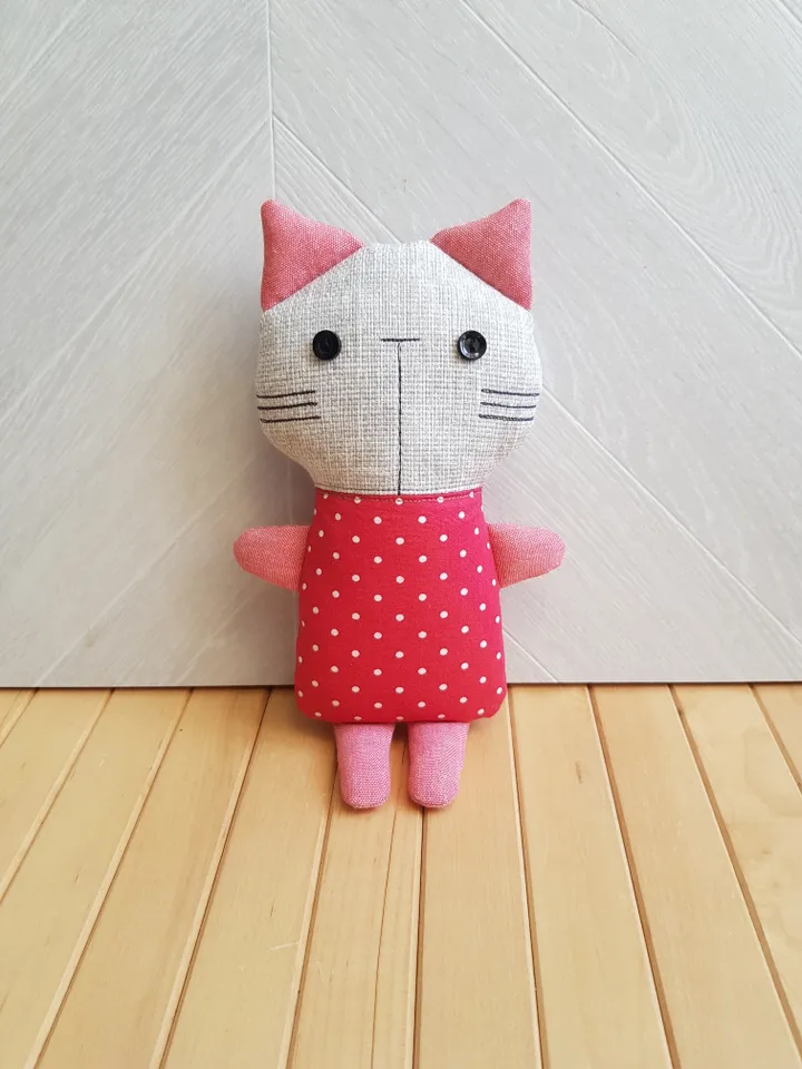Cat Doll Sewing pattern PDF, digital tutorial in English, Rag doll diy, Cat in red dress