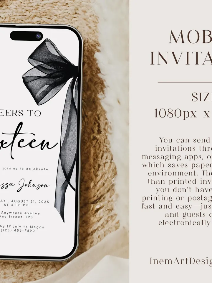 Coquette Black Bow 16th Invitation, Editable Sixteenth Birthday Party Invite, DIY Digital Black Ribbon, Cheers to Sixteen Invite