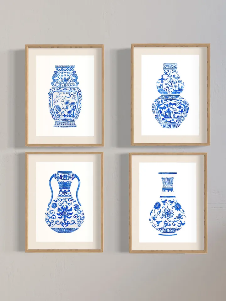 Blue Chinoiserie Set Of 4 Ginger Jars, Watercolor Painting, Vintage Chinoiserie, Chinese Vase Prints, Housewarming Gift, Chinoiserie Art
