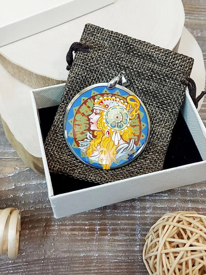Pearl pendant necklace: The Blonde by Alphonse Mucha on dainty necklace. Charming art hand painted on shell pendant. Cute gift for friend.
