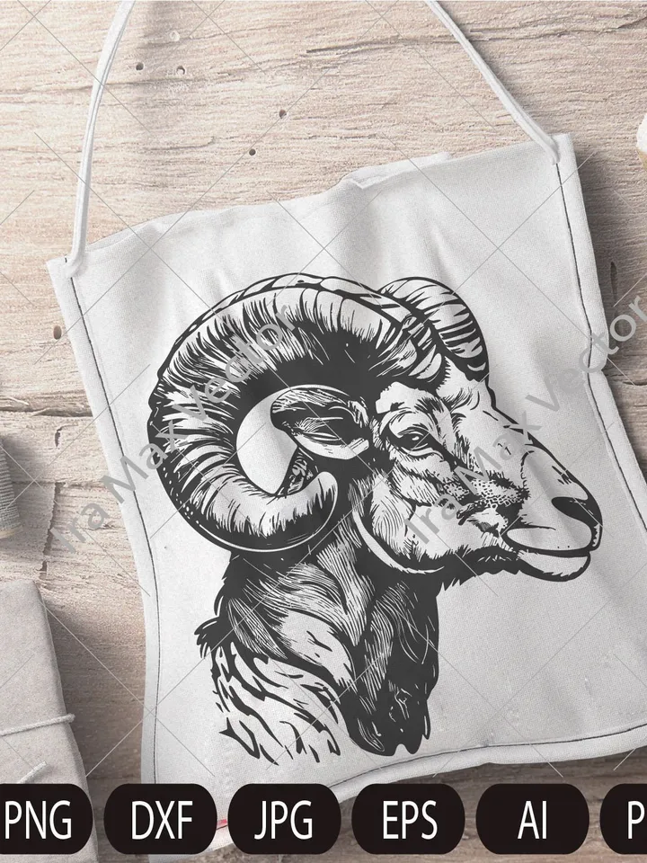 Ram Head SVG, Ram SVG, Aries, Sheep, Farm Animal Graphics Illustration, T-Shirt , Printable Clip Art ,Vector Digital Dxf Png Eps Ai