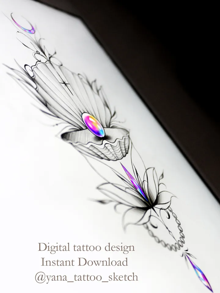 Shell Tattoo Design For Females Seashell Tattoo Idea Stencil Sketch, Instant download PDF, JPG