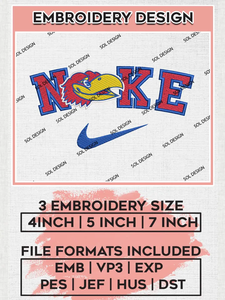 Nike Kansas Jayhawks Machine Embroidery Design, NCAA Kansas Jayhawks Embroidery Design Design files, NCAA Embroidery Designs, NCAA Machine Embroidery Designs, Digital Download