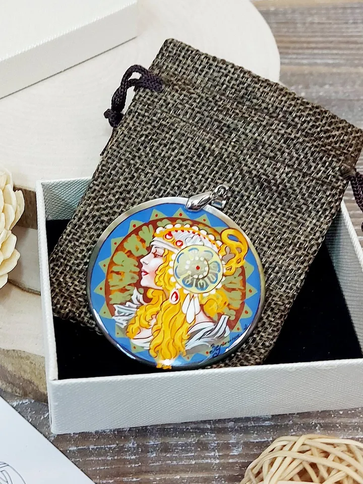 Pearl pendant necklace: The Blonde by Alphonse Mucha on dainty necklace. Charming art hand painted on shell pendant. Cute gift for friend.