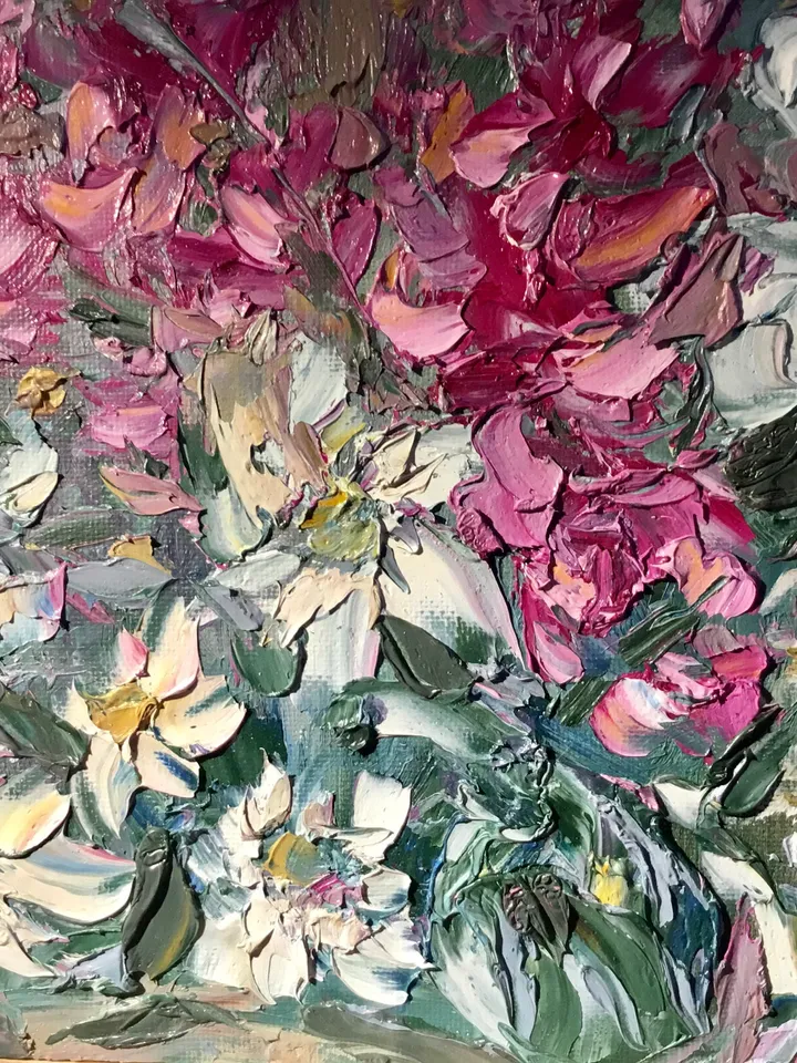 Pink and white flowers fantasy painting ,original oil impasto painting on small canvas board ,wall decoration,small gift.