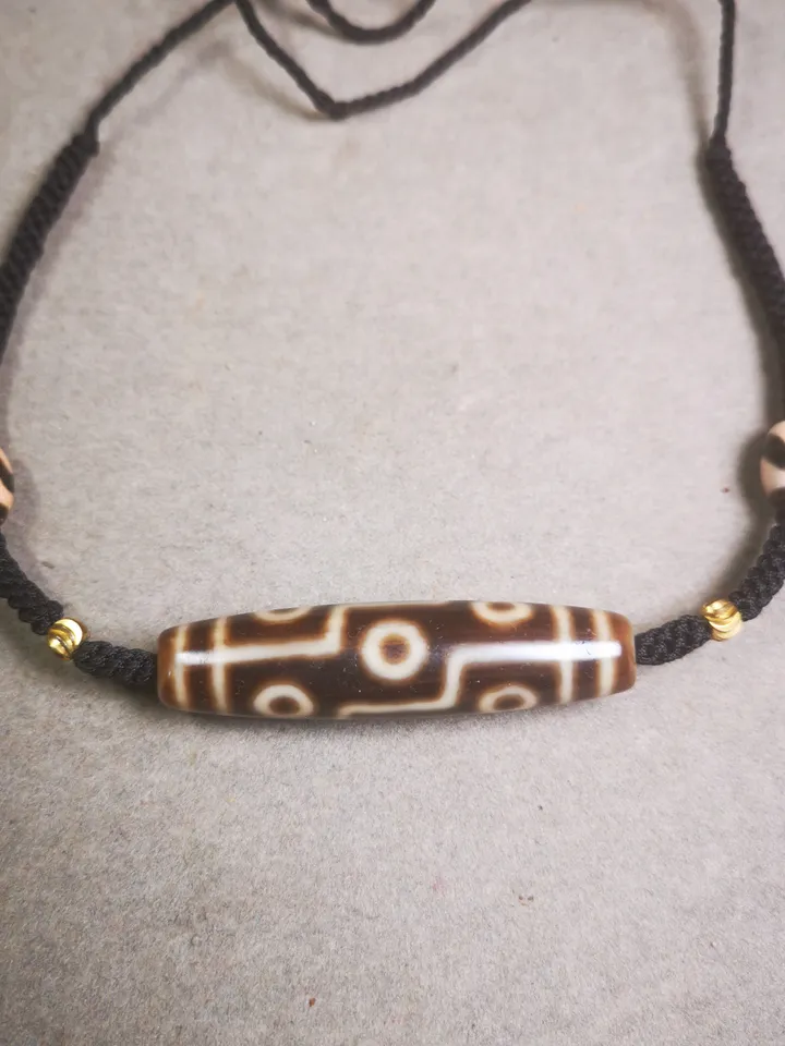 Gandhanra Antique Tibetan Dzi Bead Necklace,Nine Eyed Dzi (30 Years Old) + Tiget Tooth Bead, Attract Wealth and Good Luck