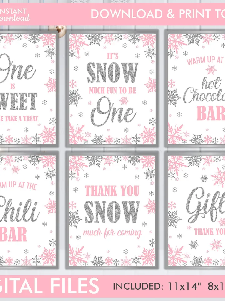 Winter Onederland Signs, Winter Onederland Birthday Girl Decorations, Pink Silver Snowflakes First Birthday Decorations Instant Download