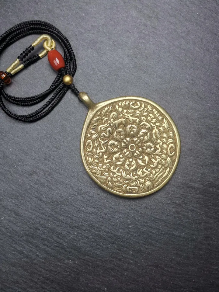 Gandhanra Tibetan Buddhist Mandala Flower Amulet Melong Mirror Pendant | Tibetan Calendar Badge | Handmade 55mm Feng Shui Protective Charm