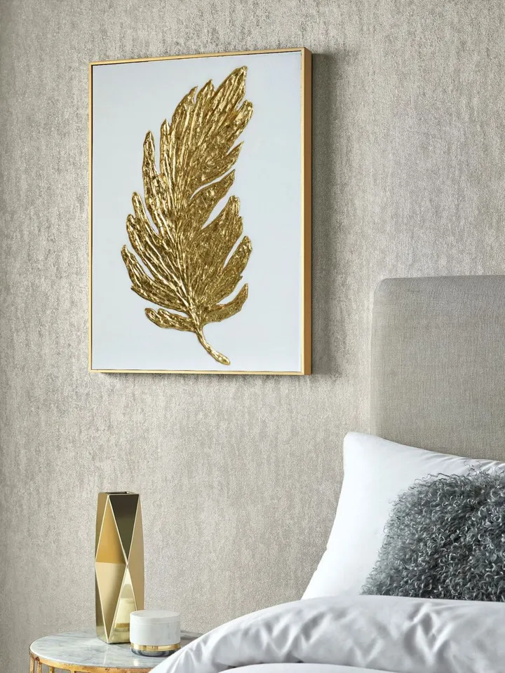 Gold Feather Abstract Painting Modern wall decor Gold and White Wall Art on canvas Textured Artwork