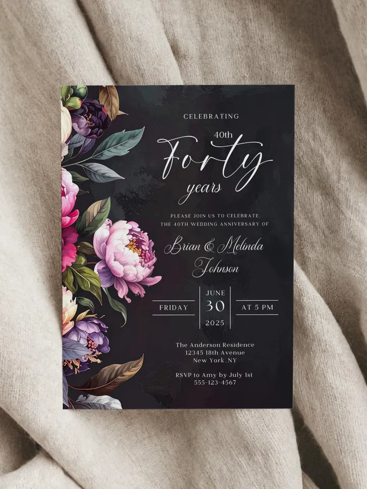 40th Anniversary Party Invitation, 30th, 50th, 60th, 70th, Moody Burgundy & Blush Peony Floral Canva Template 5x7 birthday evite