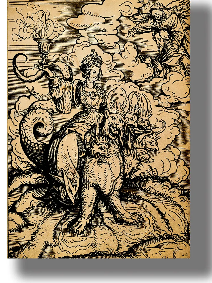 The Whore of Babylon, sitting on a seven-headed Beast. Gothic style wall hanging.
