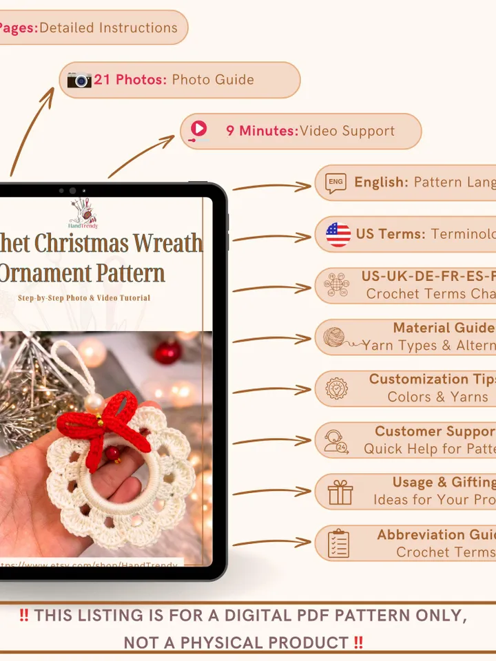 Crochet Christmas Wreath Ornament Pattern, Easy Crochet Holiday Decor PDF, DIY Wreath Ornament Tutorial, Beginner-friendly Crochet Pattern