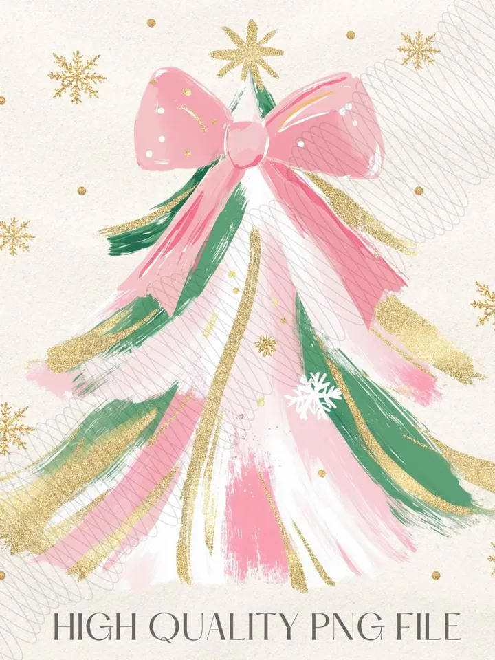 Coquette Glitter Christmas Tree Png, Watercolor Christmas Tree Girly, Merry Christmas Coquette Bow Tree Png, Christmas Lights Hand Drawn