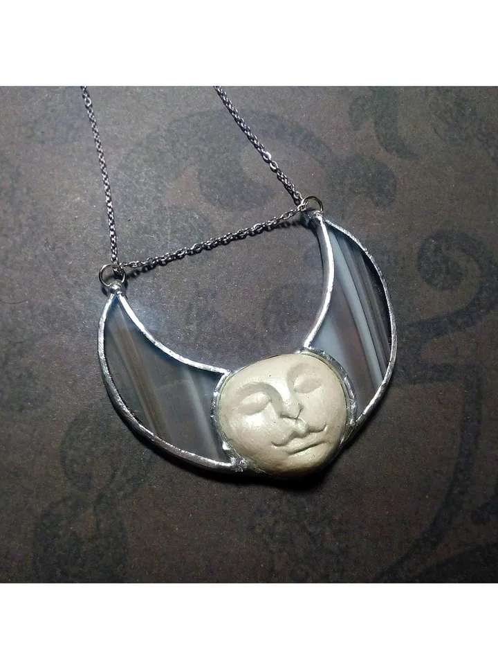 Stained glass moon, Moon Goddess, Moon phase necklace, Stainglass crescent, Full moon pendant, Moon face necklace