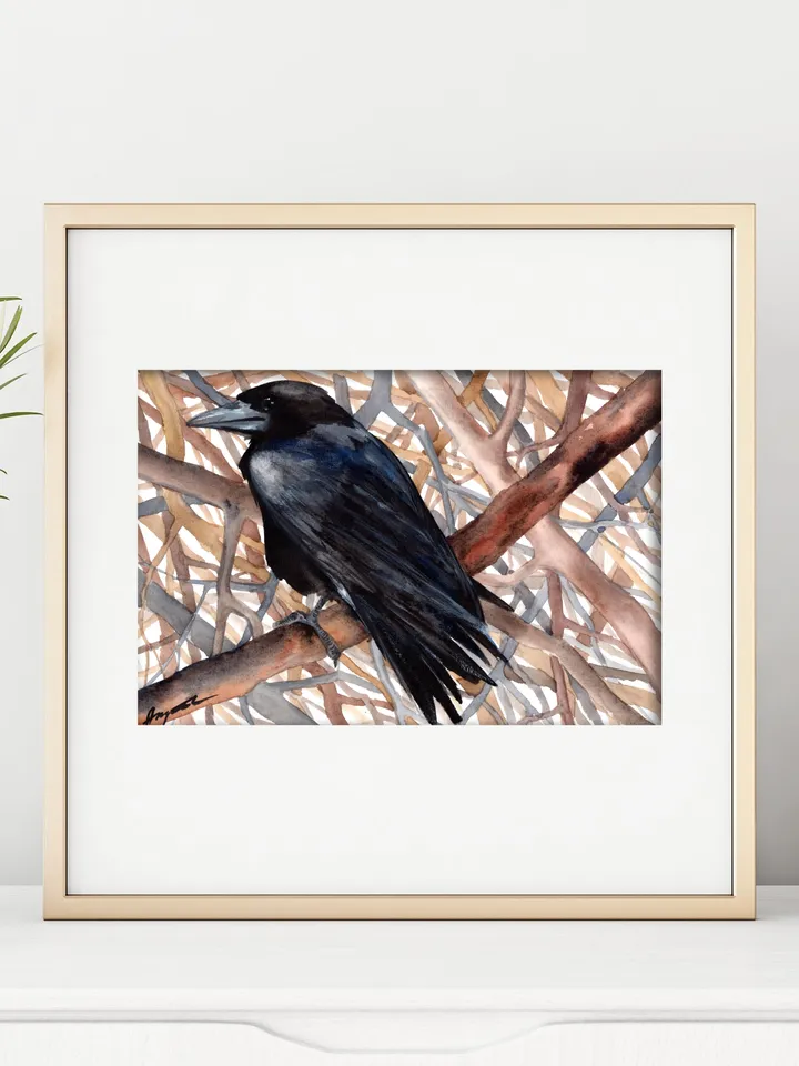 Raven Original watercolor, bird painting, wall decor, 8x11 in crow art by Anne Gorywine