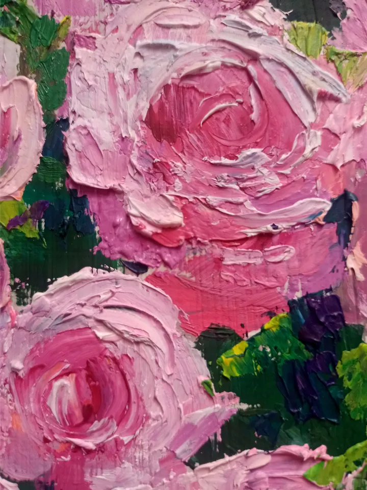 Pink flower portrait, pink flowers, pink flowers, oil painting, original art, beautiful flower painting art Roses art flower art impasto