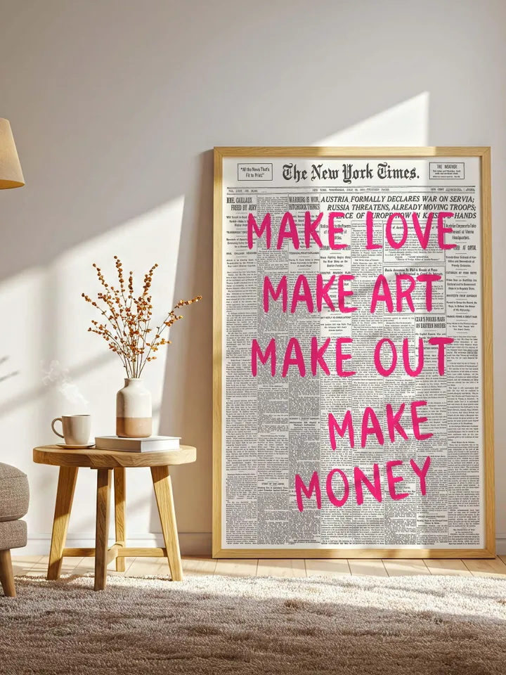 Make Love Make Art Make Out Make Money Typography Print, Trendy Newspaper Print, Digital Download Art, Retro Aesthetic Print, Vintage Poster