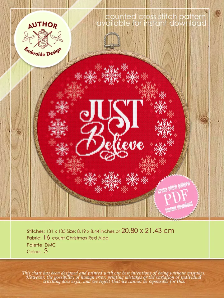 Christmas cross stitch pattern download PDF, Snowflake wreath cross stitch Christmas quotes Just believe, Christmas pattern digital PDF #N43
