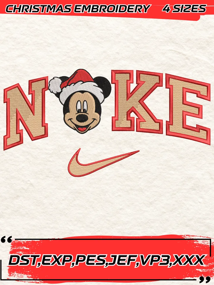 Swoosh Mickey Santa Hat Embroidery Design,Christmas Embroidery Design,4 Sizes,Digital Download