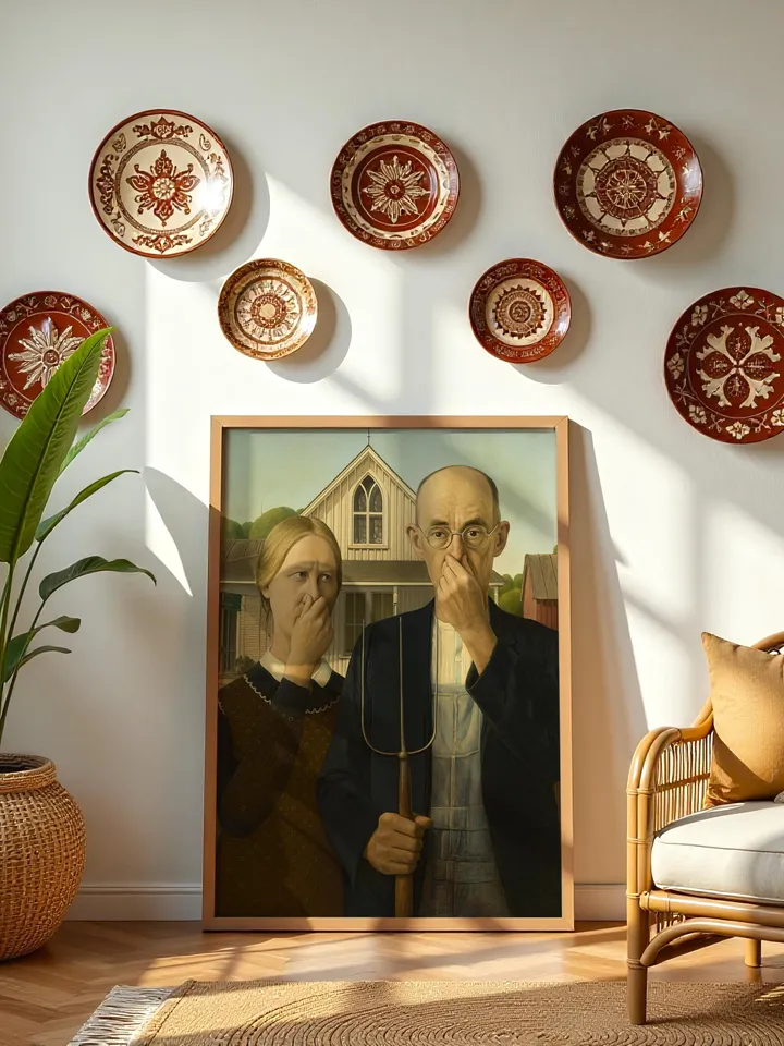 Funny American Gothic Bathroom Art Print Poster Altered Vintage Surreal Eclectic Prank Gift Maximalist Wall Decor Humor Digital Download
