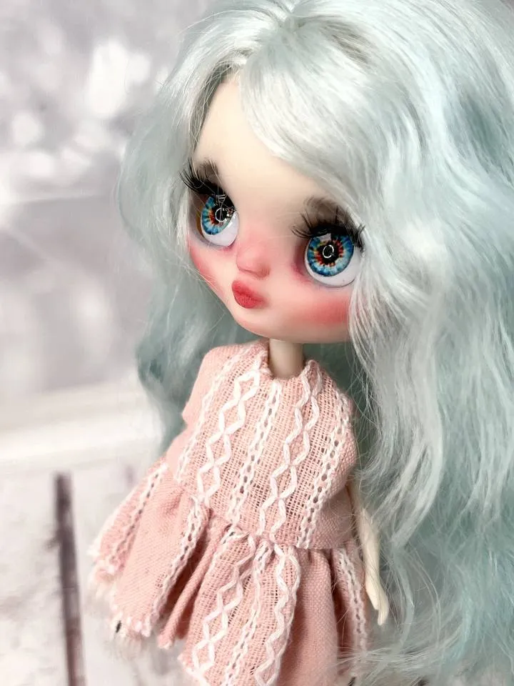 Adorable little doll in a hat. Petite Blythe with blue hair.