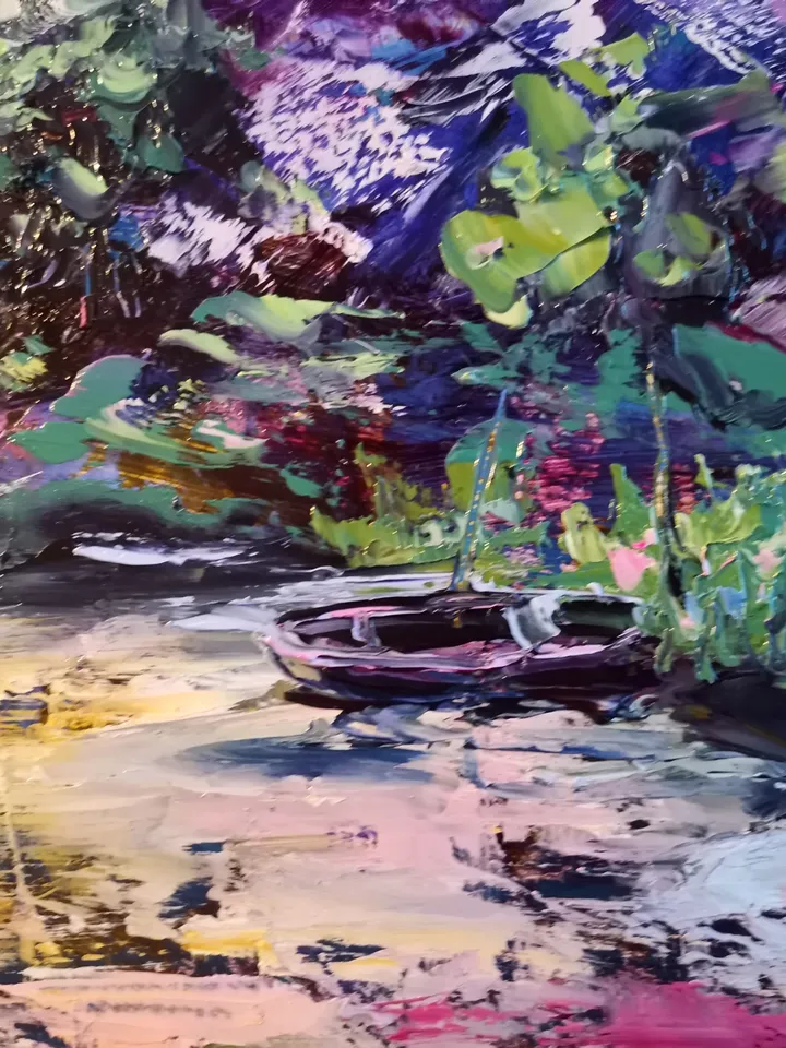 Mountains Waterfall Sunset Boat Original Art Oil Painting Artist Svinar Oksana