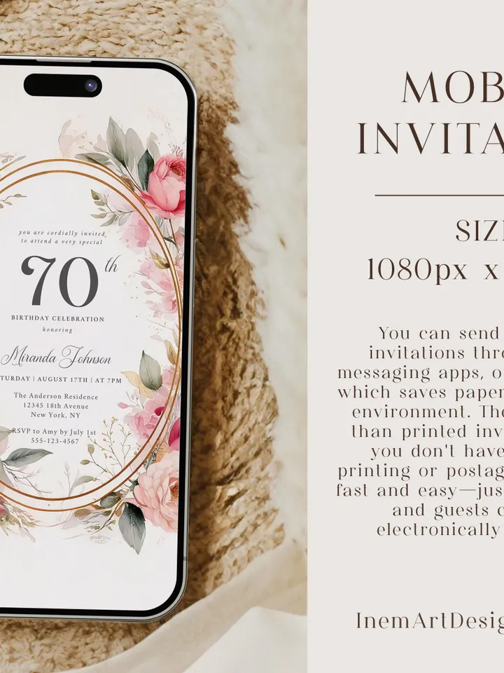 70th Birthday Invitation for Women – Blush Pink & Gold Floral, Elegant Printable Party Invite for Grandma or Women, Digital Canva Template