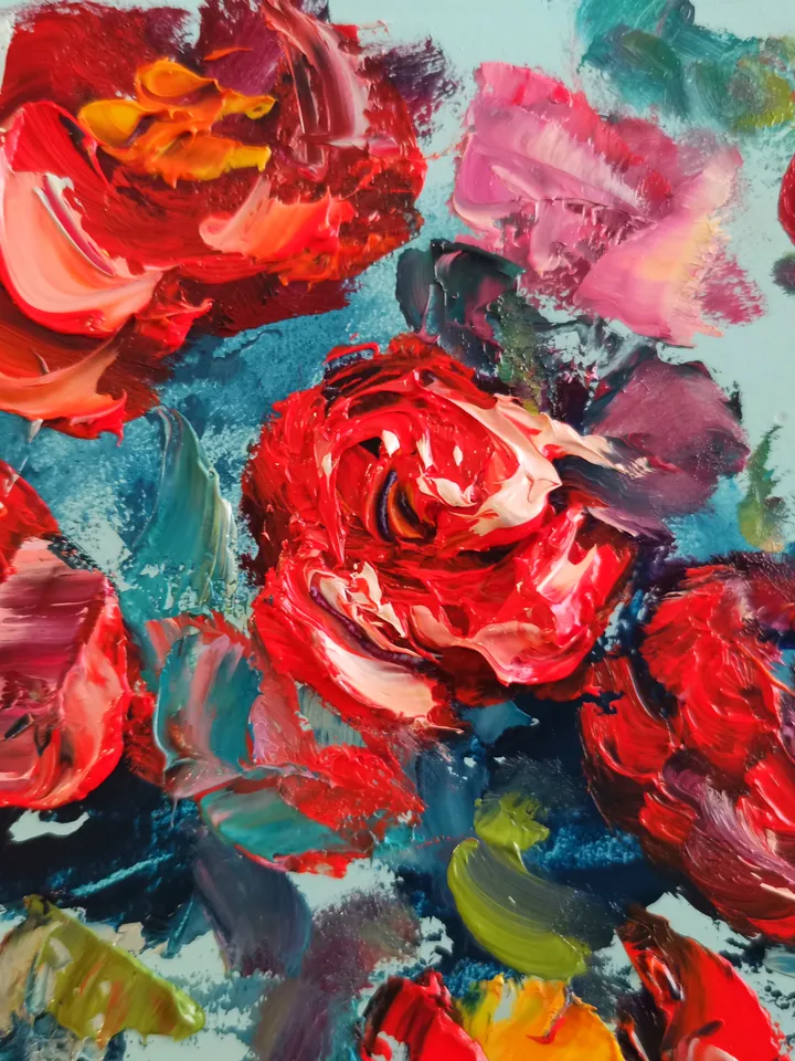 Roses Flower Coffee Candy Oil Painting Impasto Original Artist Svinar Oksana