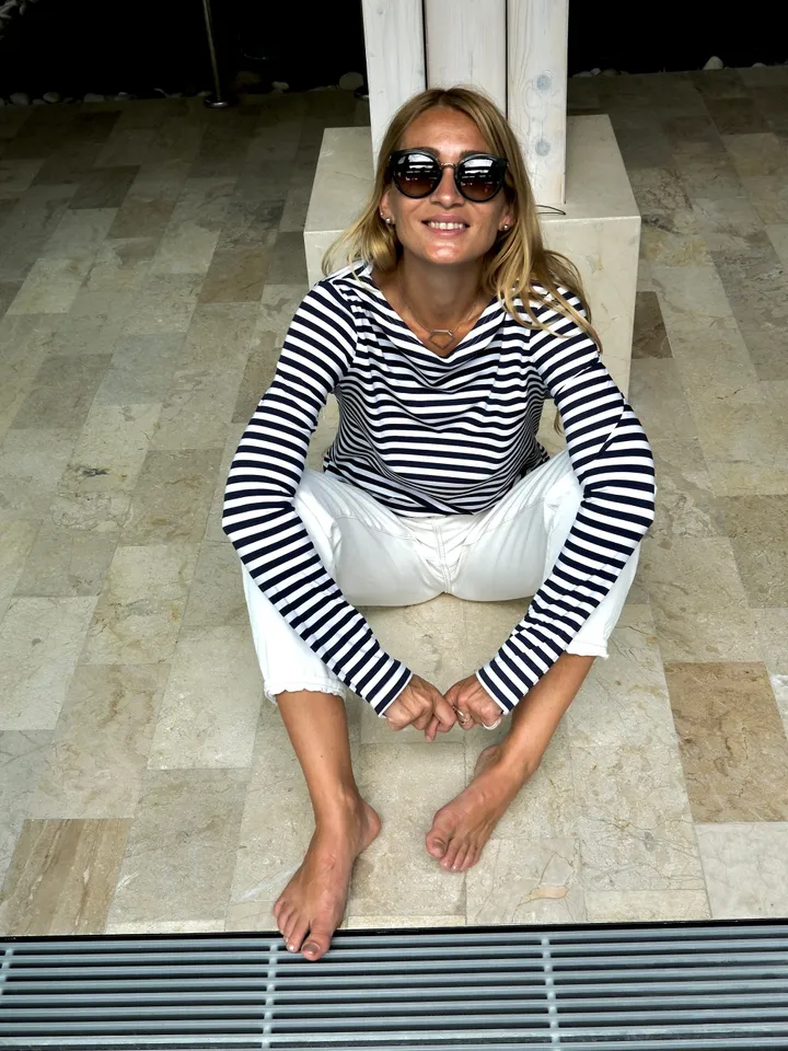 Cotton Mariniere longsleeve shirt | blue striped boat neck top | Blue and White women sweatshirt | Classic Sailor Shirt With Hedonist print