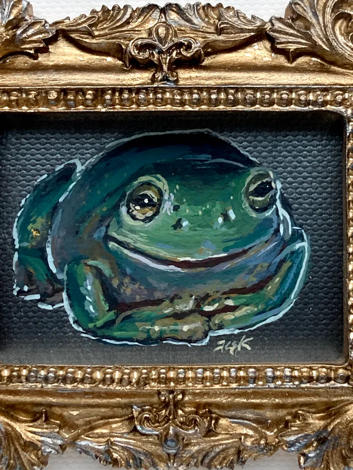 Framed Frog Painting Original Green Frog Artwork Amphibians Art Gouache Painting