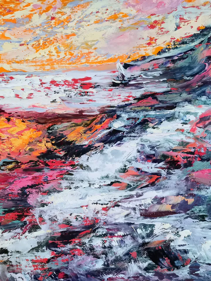 Boat Mountain Trees Flowers Sunset Original Art Oil Painting Artist Svinar Oksana